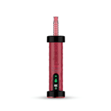 A red and black disposable vape device with a textured body, a clear ribbed mouthpiece, and a digital display showing a green water droplet icon, set against a plain white background.