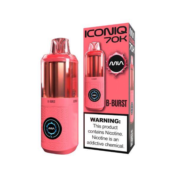A pink and red ICONIQ 70K B-BURST disposable vape device shown next to its retail packaging box on a plain white background.