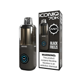An Mia Iconiq 70K disposable vape device in Black Freeze flavor shown next to its retail packaging box on a plain white background.