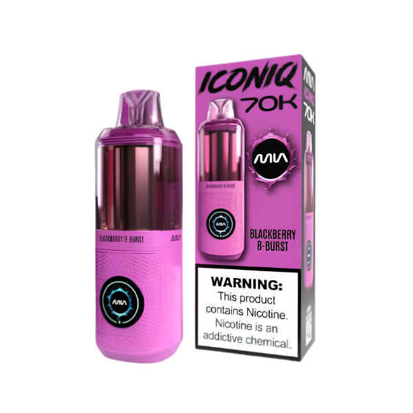 A pink and purple mia Iconiq 70K disposable vape device next to its retail packaging box, featuring a warning label and 'Blackberry B-Boost' flavor text.