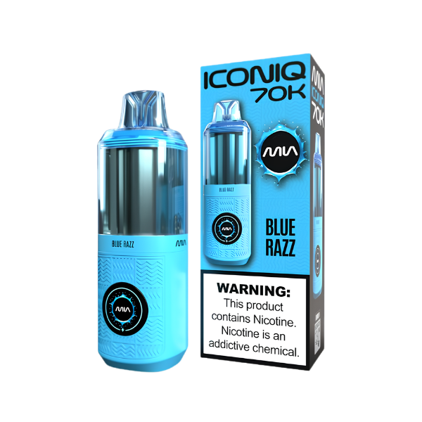 A mia Iconiq 70K Blue Razz disposable vape device next to its retail packaging box, both in a vibrant blue color with black and white text and warning labels.