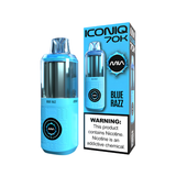 A mia Iconiq 70K Blue Razz disposable vape device next to its retail packaging box, both in a vibrant blue color with black and white text and warning labels.