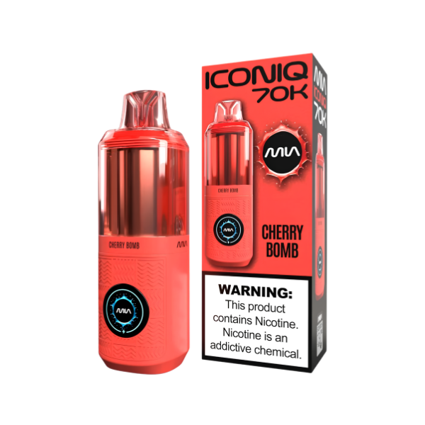 A red and clear ICONIQ 70K disposable vape device next to its red packaging box, labeled 'Cherry Bomb' with a prominent nicotine warning on the box.