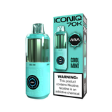 A mia Iconiq 70K Cool Mint disposable vape device shown next to its retail packaging box on a plain white background.