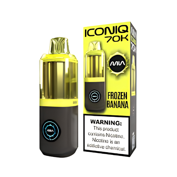 An Iconiq 70K disposable vape device in Frozen Banana flavor, shown next to its retail packaging box. The device features a metallic gold upper chamber and a black lower body with a blue circular logo.