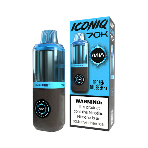 An Mia Iconiq 70K disposable vape device in Frozen Blueberry flavor, shown next to its retail packaging box on a plain white background.