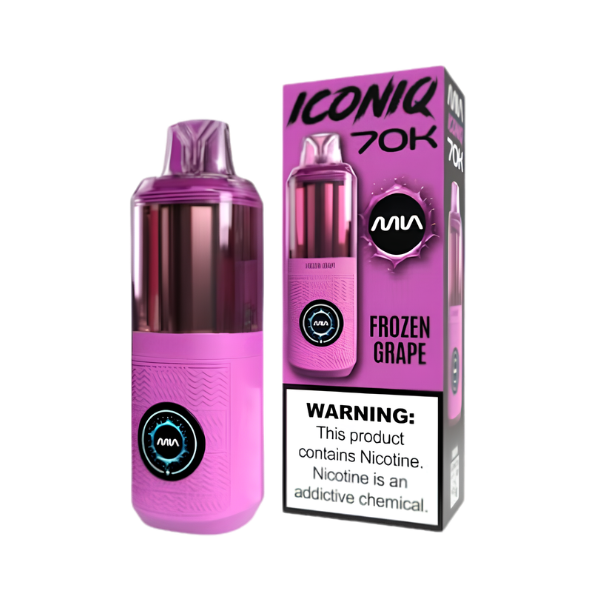 A pink and purple Mia Iconiq 70K disposable vape device next to its retail packaging box, labeled 'Frozen Grape' with a prominent nicotine warning label on the front.