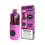 A pink and purple Mia Iconiq 70K disposable vape device next to its retail packaging box, labeled 'Frozen Grape' with a prominent nicotine warning label on the front.