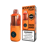 An orange and clear Iconiq 70K disposable vape device next to its orange retail packaging box, both featuring the 'Frozen Mango' flavor