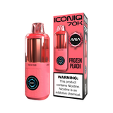 A pink and red Iconiq 70K disposable vape device next to its retail packaging box, both featuring the 'Frozen Peach' flavor and an mia logo, on a plain white background.