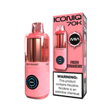 A pink Iconiq 70K disposable vape device next to its retail packaging box, both in the Frozen Strawberry flavor. The device features a translucent pink body with a metallic rose gold inner chamber and a circular black logo.