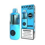 A light blue and clear vape device shown next to its retail packaging box, both featuring the 'ICONIQ 70K' and 'Menthol' branding. The box includes a prominent nicotine warning label.