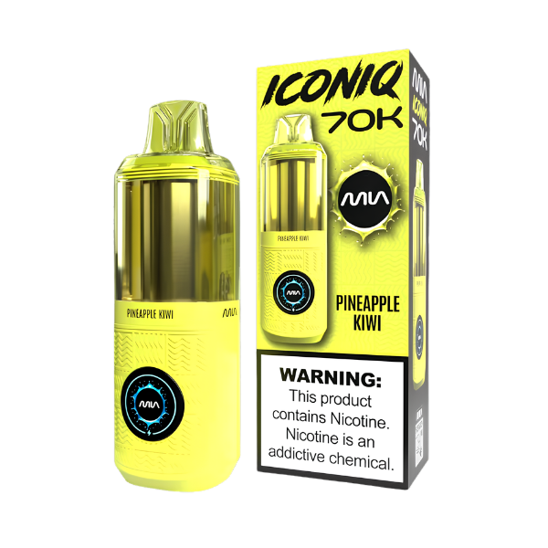 A yellow and clear vape device next to its matching yellow packaging box, labeled 'ICONIQ 70K' and 'PINEAPPLE KIWI' by the brand 'Mia'. The box features a prominent nicotine warning label.