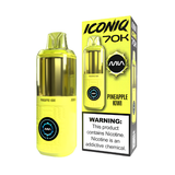 A yellow and clear vape device next to its matching yellow packaging box, labeled 'ICONIQ 70K' and 'PINEAPPLE KIWI' by the brand 'Mia'. The box features a prominent nicotine warning label.