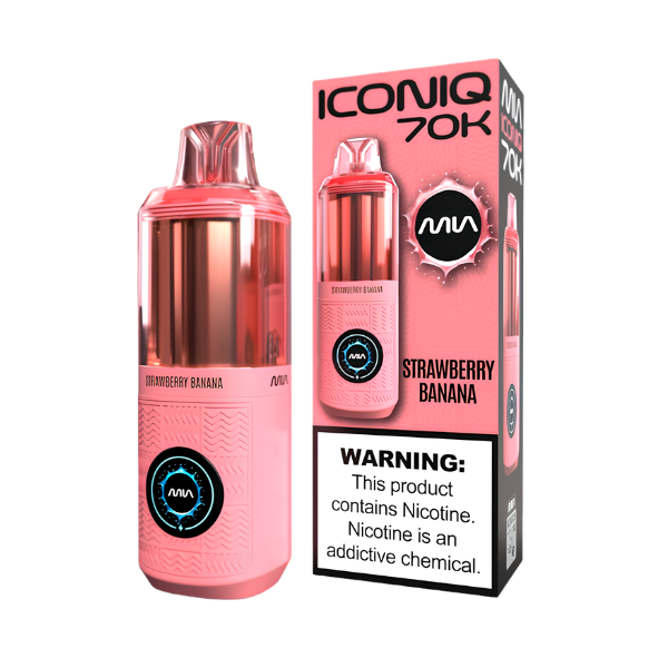 A pink mia Iconiq 70K disposable vape device next to its retail packaging box, both in Strawberry Banana flavor, on a plain white background.