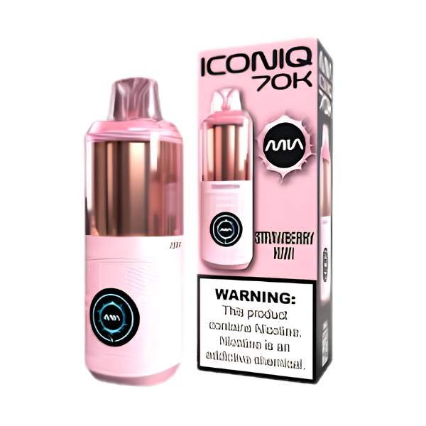 A pink and rose gold Iconiq 70K disposable vape device shown next to its pink packaging box on a white background. The box features the Iconiq 70K branding and a prominent nicotine warning label.