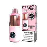 A pink and rose gold Iconiq 70K disposable vape device shown next to its pink packaging box on a white background. The box features the Iconiq 70K branding and a prominent nicotine warning label.