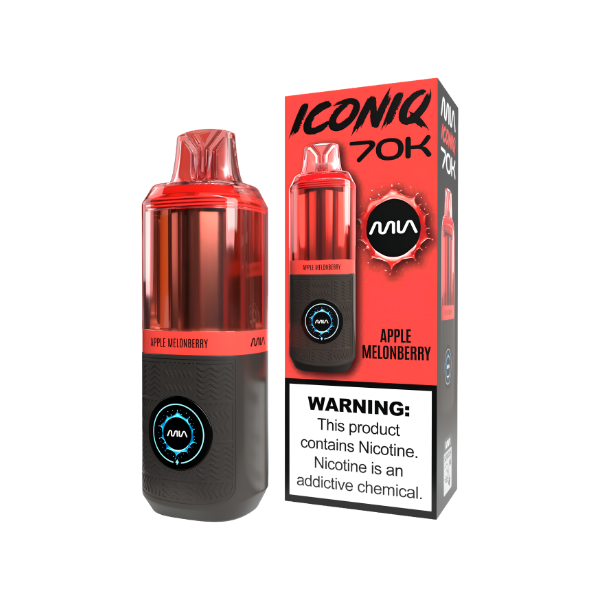 An Mia Iconiq 70K disposable vape device in Apple Melonberry flavor, shown next to its red and black retail packaging box on a plain white background.