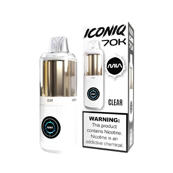 A Mia Iconiq 70K disposable vape device in 'Clear' flavor, shown next to its retail packaging box on a plain white background.